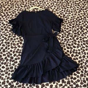 DREW navy short sleeved wrap waist dress